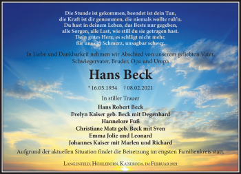 Traueranzeige von Hans Beck von Südthüringer Presse