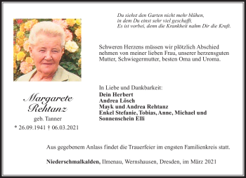 Traueranzeige von Margarete Rehtanz von Südthüringer Presse
