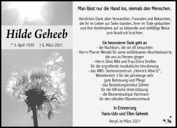 Traueranzeige von Hilde Geheeb von Südthüringer Presse
