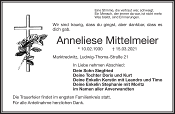 Traueranzeige von Anneliese Mittelmeier von Frankenpost
