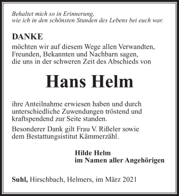 Traueranzeige von Hans Helm von Südthüringer Presse