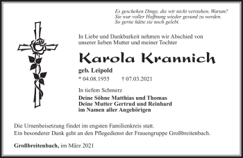 Traueranzeige von Karola Krannich von Südthüringer Presse