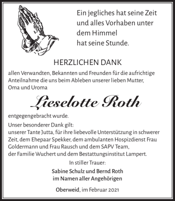 Traueranzeige von Lieslotte Roth von Südthüringer Presse