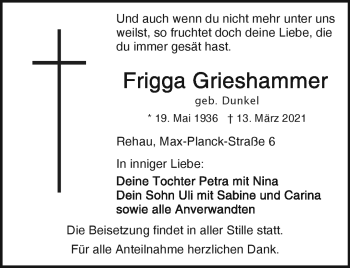 Traueranzeige von Frigga Grießhammer von Frankenpost