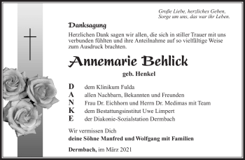 Traueranzeige von Annemarie Behlick von Südthüringer Presse