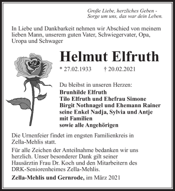 Traueranzeige von Helmut Elfruth von Südthüringer Presse