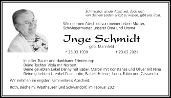 Traueranzeige von Inge Schmidt von Südthüringer Presse