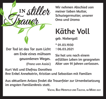 Traueranzeige von Käthe Voll von Südthüringer Presse