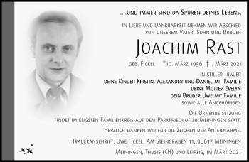 Traueranzeige von Joachim Rast von Südthüringer Presse