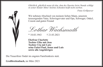 Traueranzeige von Lothar Wachsmuth von Südthüringer Presse