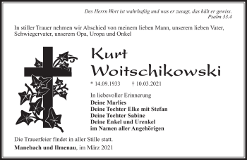 Traueranzeige von Kurt Woitschikowski von Südthüringer Presse