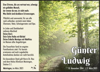 Traueranzeige von Günter Ludwig von Südthüringer Presse