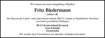Traueranzeige von Fritz Biedermann von Neue Presse Coburg