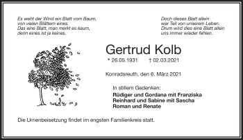 Traueranzeige von Gertrud Kolb von Frankenpost
