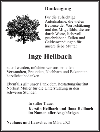 Traueranzeige von Inge Hellbach von Südthüringer Presse