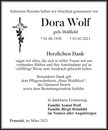 Traueranzeige von Dora Wolf von Südthüringer Presse