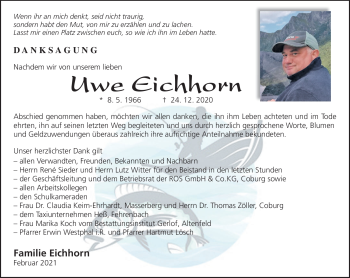 Traueranzeige von Uwe Eichhorn von Südthüringer Presse