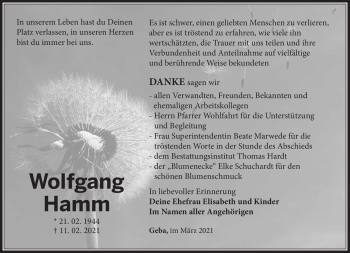 Traueranzeige von Wolfgang Hamm von Südthüringer Presse