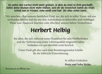 Traueranzeige von Herbert Helbig von Südthüringer Presse