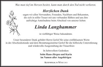 Traueranzeige von Linda Langhammer von Südthüringer Presse