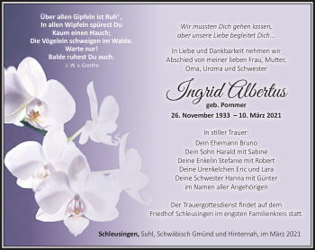 Traueranzeige von Ingrid Albertus von Südthüringer Presse