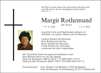 Traueranzeige von Margit Rothemund von Frankenpost