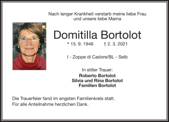 Traueranzeige von Domitilla Bortolot von Frankenpost