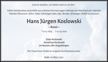 Traueranzeige von Hans Jürgen Koslowski von Südthüringer Presse
