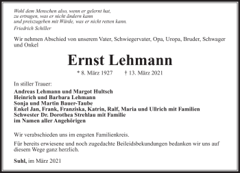 Traueranzeige von Ernst Lehmann von Südthüringer Presse