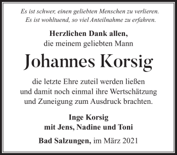 Traueranzeige von Johannes Korsig von Südthüringer Presse