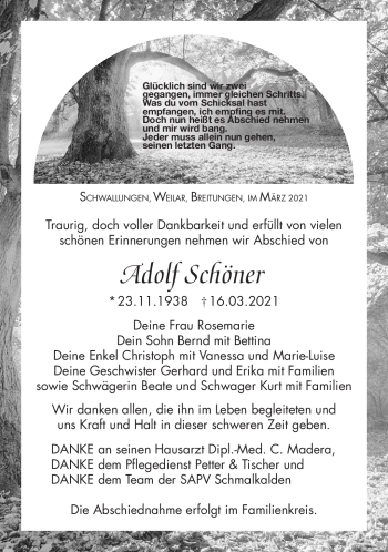 Traueranzeige von Adolf Schöner von Südthüringer Presse