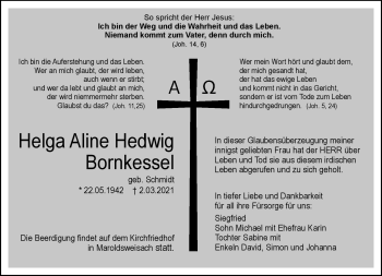 Traueranzeige von Helga Aline Hedwig Bornkessel von Neue Presse Coburg