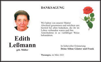 Traueranzeige von Edith Leßmann von Südthüringer Presse