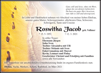 Traueranzeige von Roswitha Jacob von Südthüringer Presse