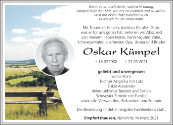 Traueranzeige von Oskar Kümpel von Südthüringer Presse