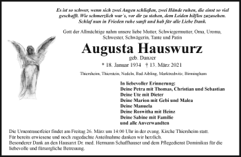 Traueranzeige von Augusta Hauswurz von Frankenpost