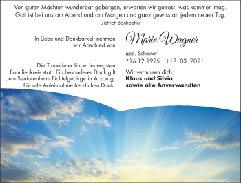 Traueranzeige von Marie Wagner von Frankenpost