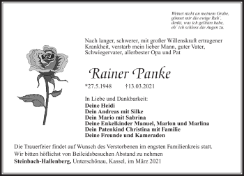 Traueranzeige von Rainer Panke von Südthüringer Presse