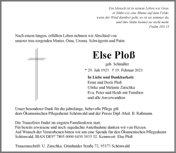 Traueranzeige von Else Ploß von Frankenpost