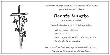 Traueranzeige von Renate Manzke von Frankenpost