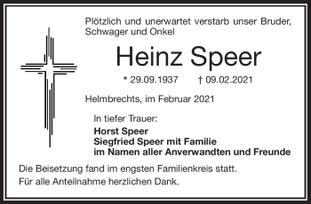 Traueranzeige von Heinz Speer von Frankenpost