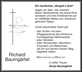 Traueranzeige von Richard Baumgärtel von Frankenpost