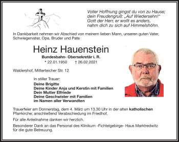 Traueranzeige von Heinz Hauenstein von Frankenpost