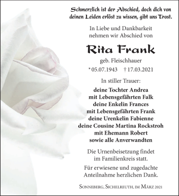 Traueranzeige von Rita Frank von Südthüringer Presse