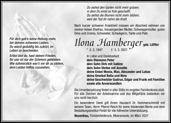 Traueranzeige von Ilona Hamberger von Südthüringer Presse