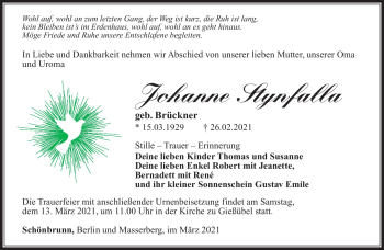Traueranzeige von Johanne Stynfalla von Südthüringer Presse