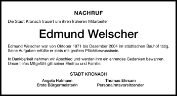 Traueranzeige von Edmund Welscher von Neue Presse Coburg