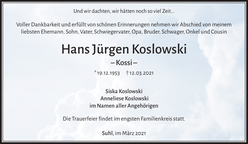  Traueranzeige für Hans Jürgen Koslowski vom 20.03.2021 aus Südthüringer Presse