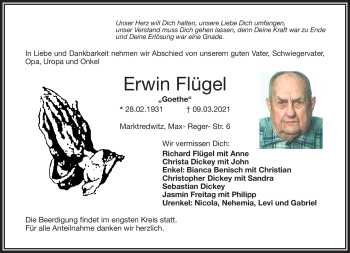 Traueranzeige von Erwin Flügel von Frankenpost