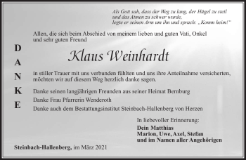 Traueranzeige von Klaus Weinhardt von Südthüringer Presse